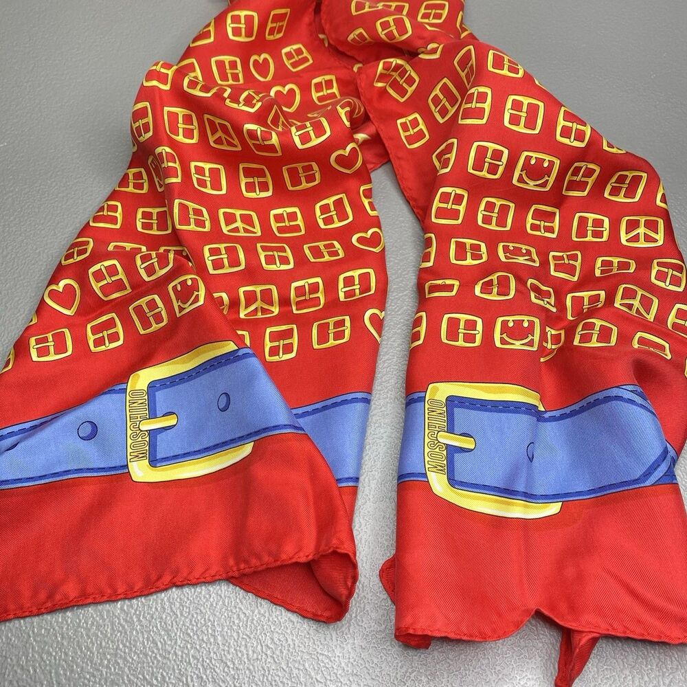 Moschino Silk Ribbon Scarf Vintage 1990s Italy Trompe L’oeil Belt Geometric Red